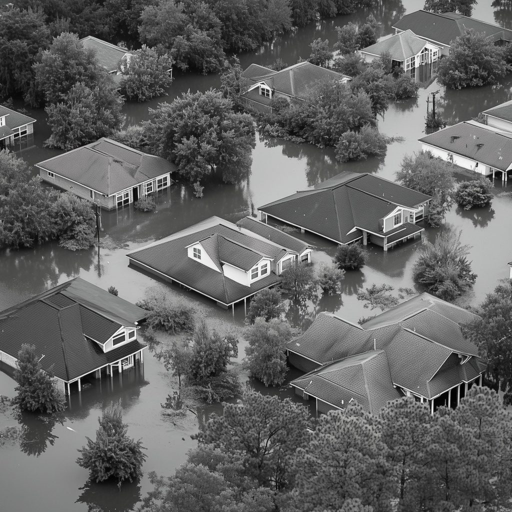 Aerial view of a flooded residential neighborhood with water around houses on stilts and trees partially submerged, in grayscale.
