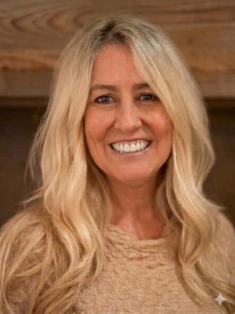 Portrait of a smiling blonde woman in a beige sweater, standing in front of a wooden background.